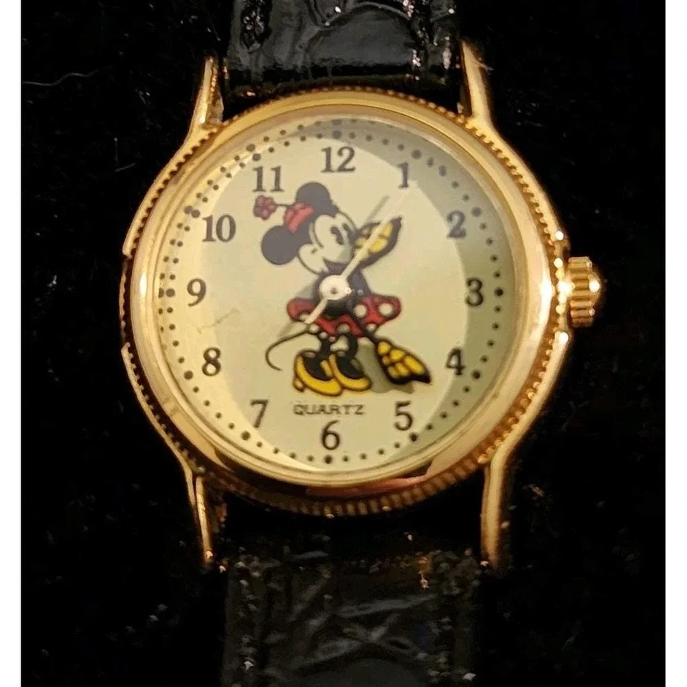 Vintage Disney Mickey & Minnie Mouse Watches Running Leather Band His & Hers Y2K